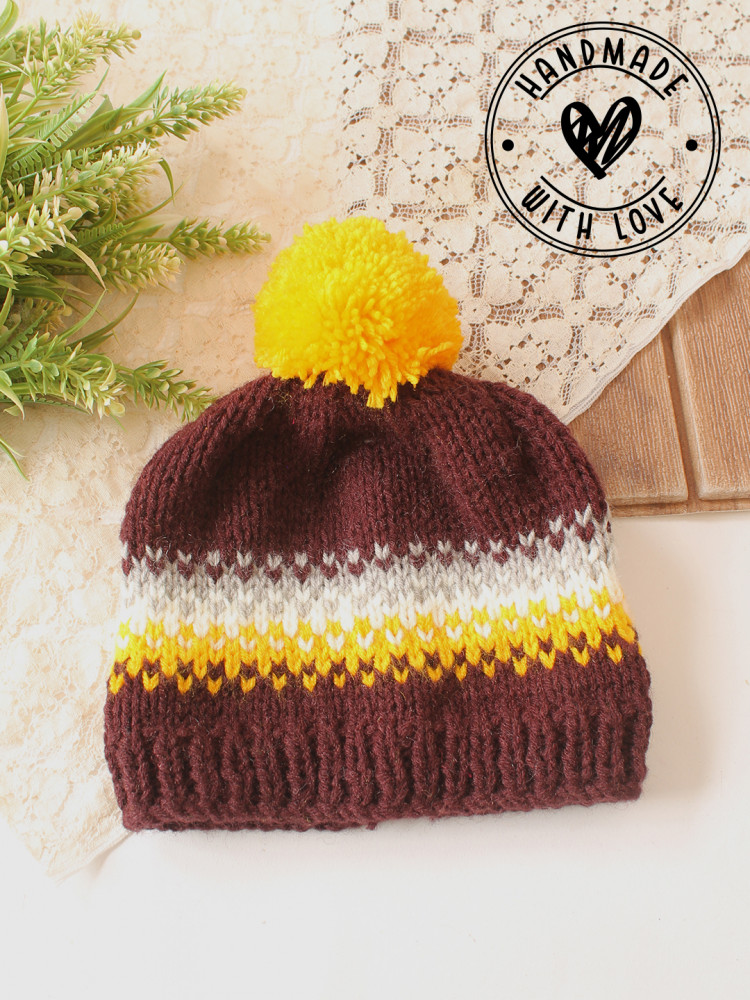 Image of Woonie Handknitted Self Design with Pom Pom Cap - Brown