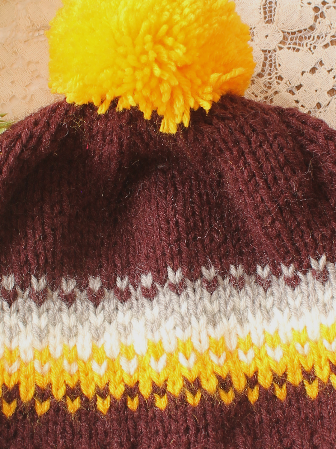 Woonie Handknitted Self Design with Pom Pom Cap - Brown