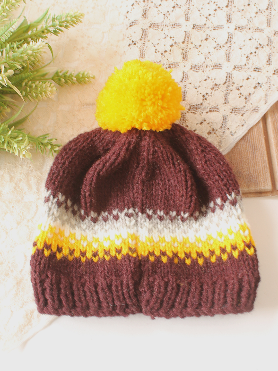 Woonie Handknitted Self Design with Pom Pom Cap - Brown