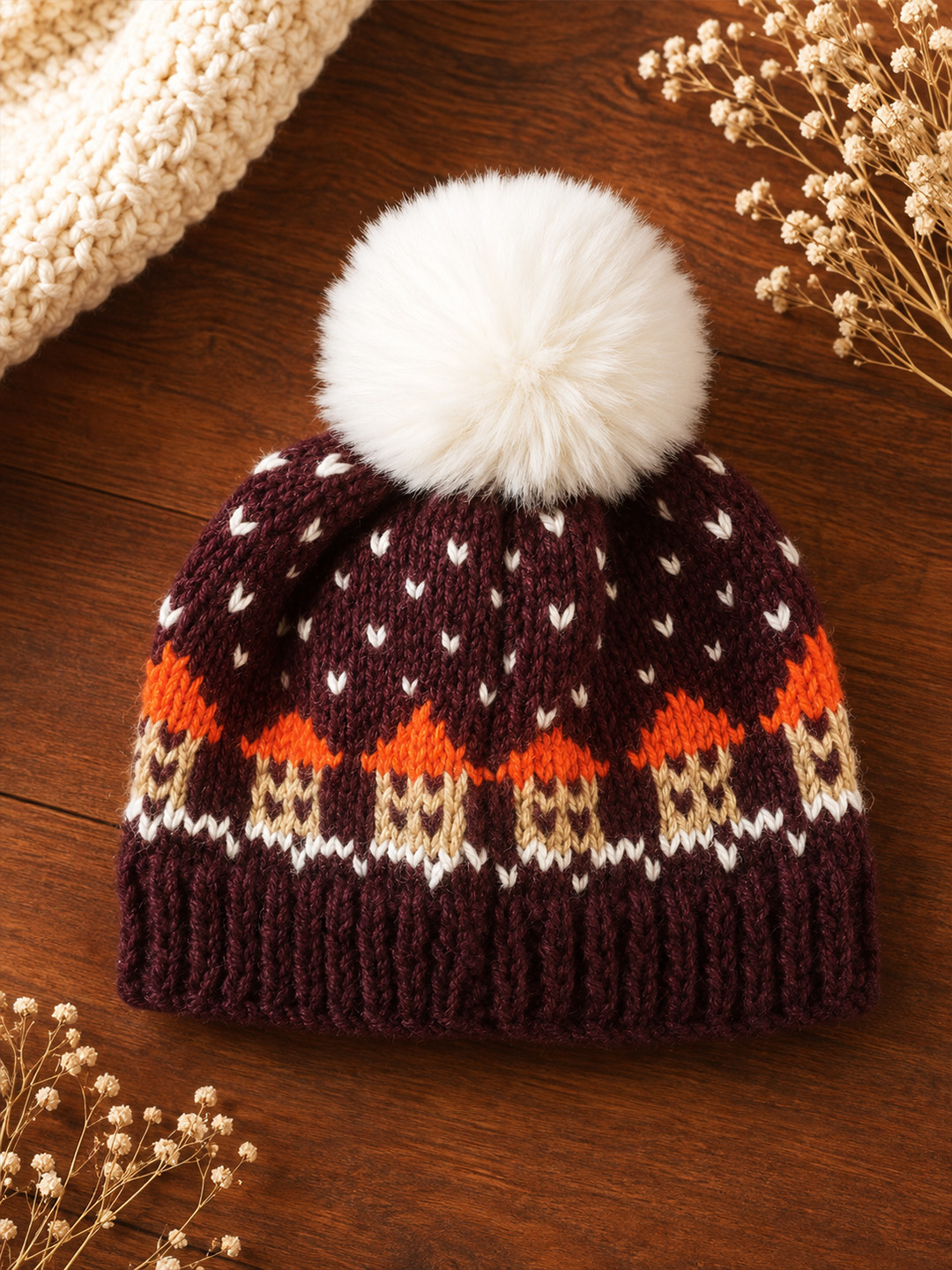 Woonie Handknitted Self Design with Pom Pom Cap - Maroon