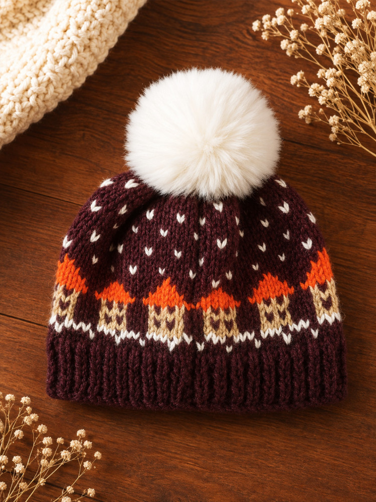 Image of Woonie Handknitted Self Design with Pom Pom Cap - Maroon
