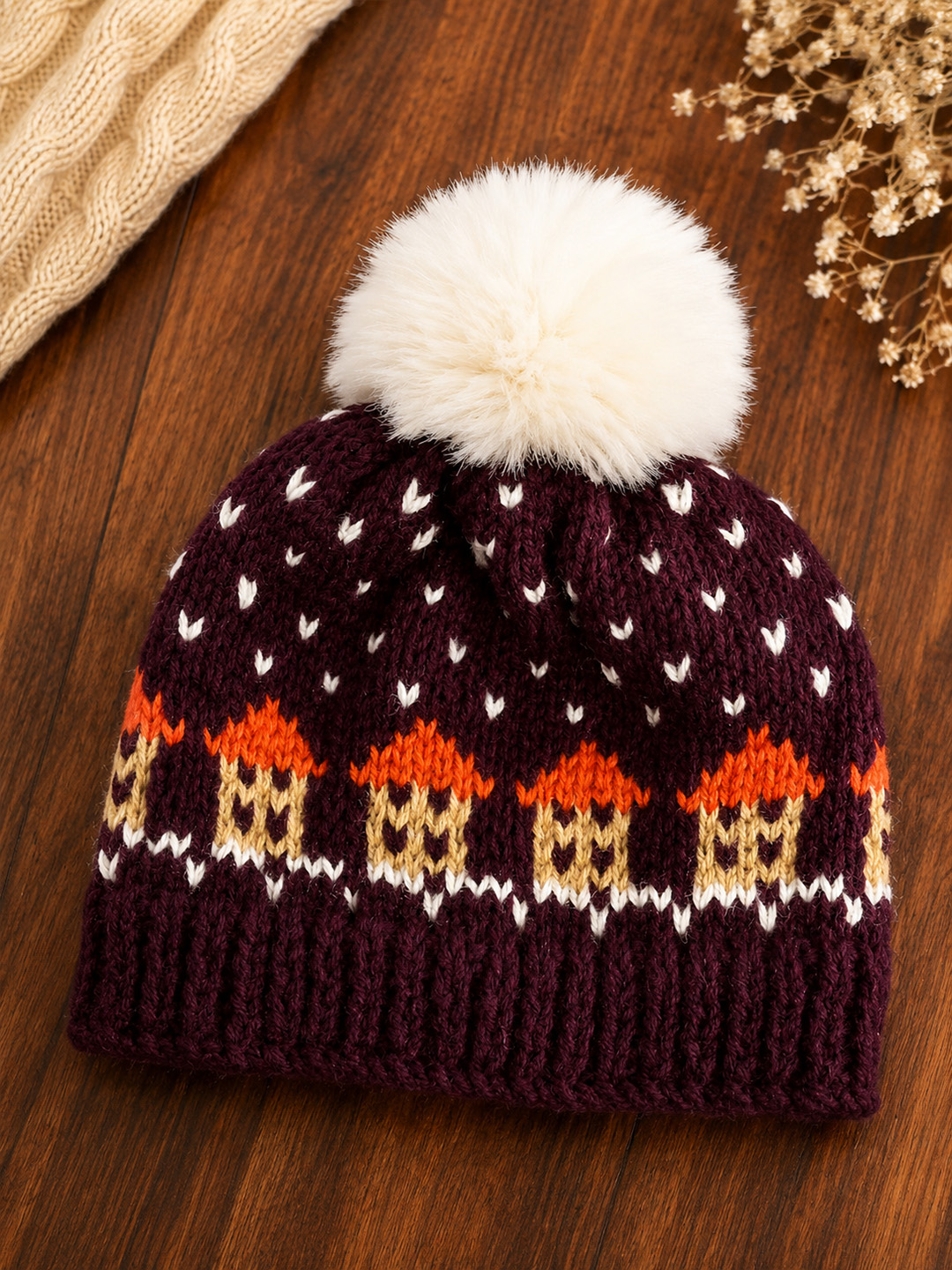 Woonie Handknitted Self Design with Pom Pom Cap - Maroon