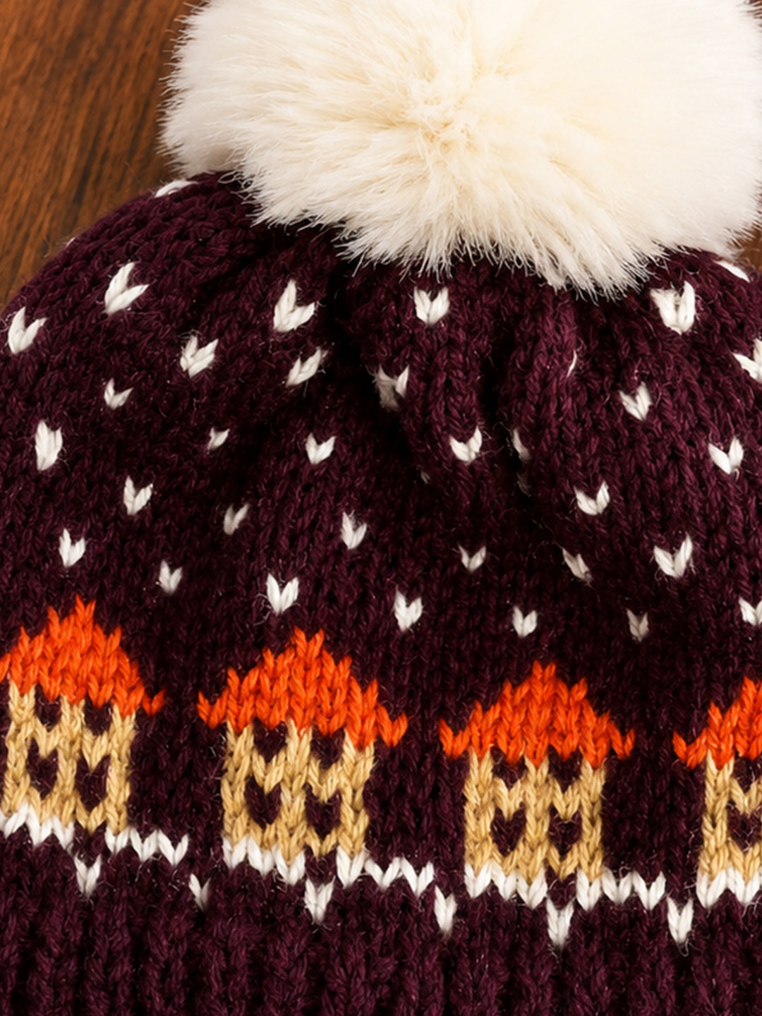 Woonie Handknitted Self Design with Pom Pom Cap - Maroon
