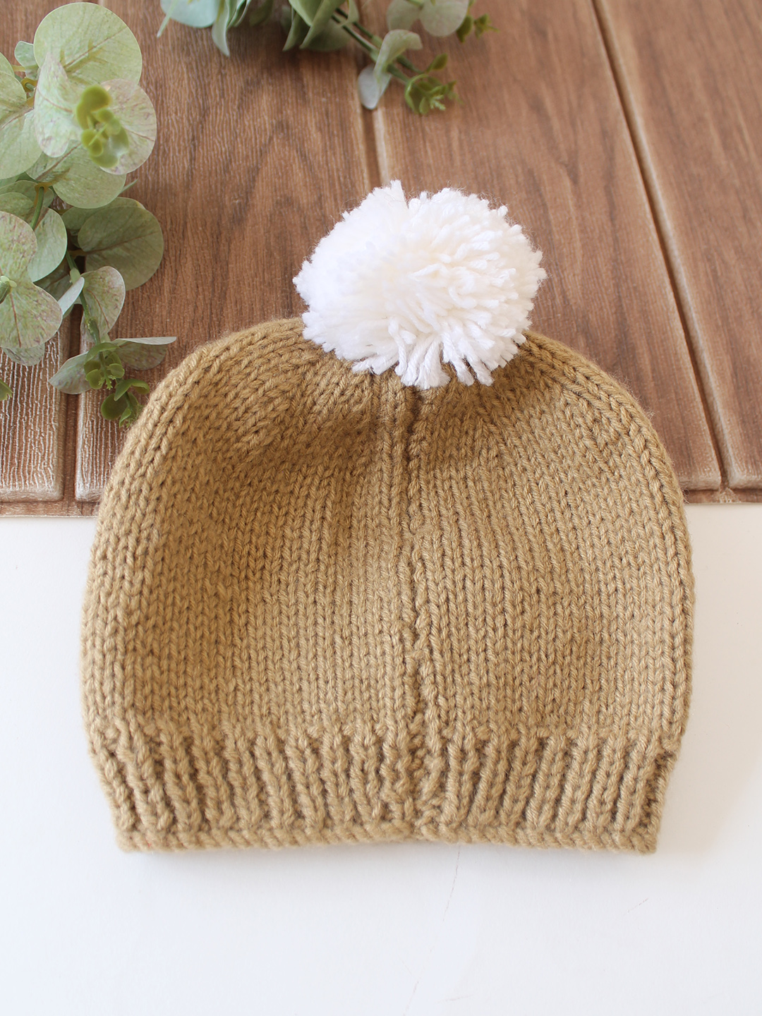 Woonie Handknitted Floral Applique with Pom Pom Designed Cap - Beige