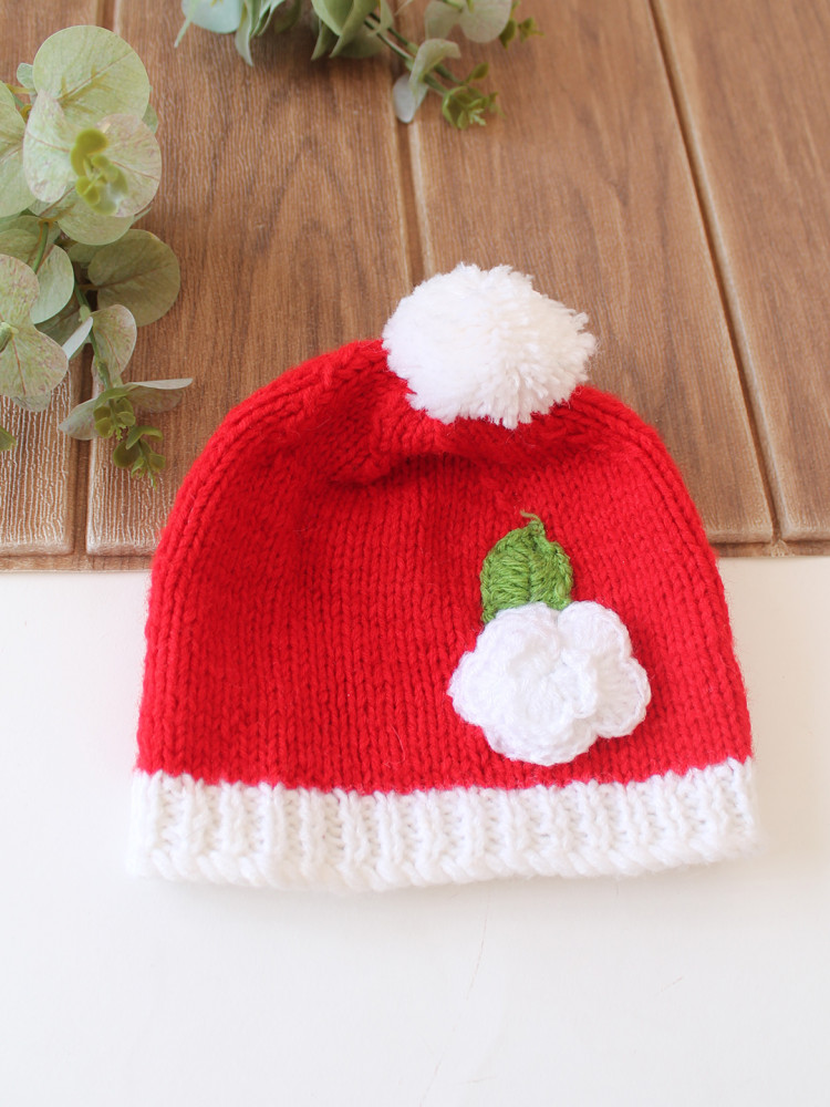 Image of Woonie Handknitted Floral Applique with Pom Pom Designed Cap - Red