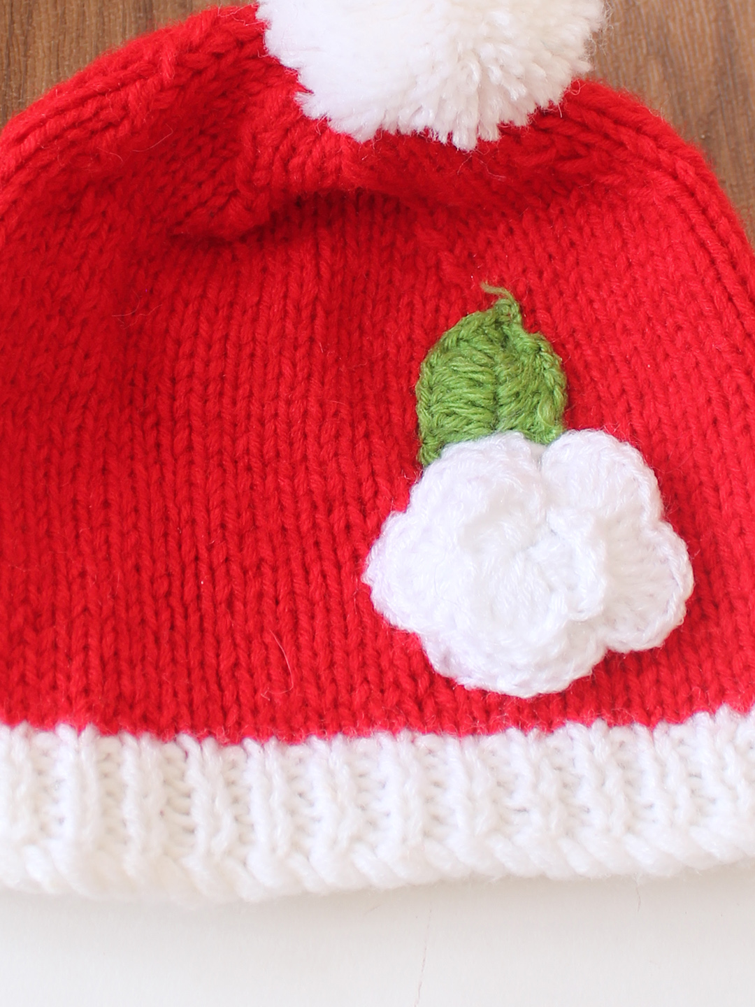 Woonie Handknitted Floral Applique with Pom Pom Designed Cap - Red