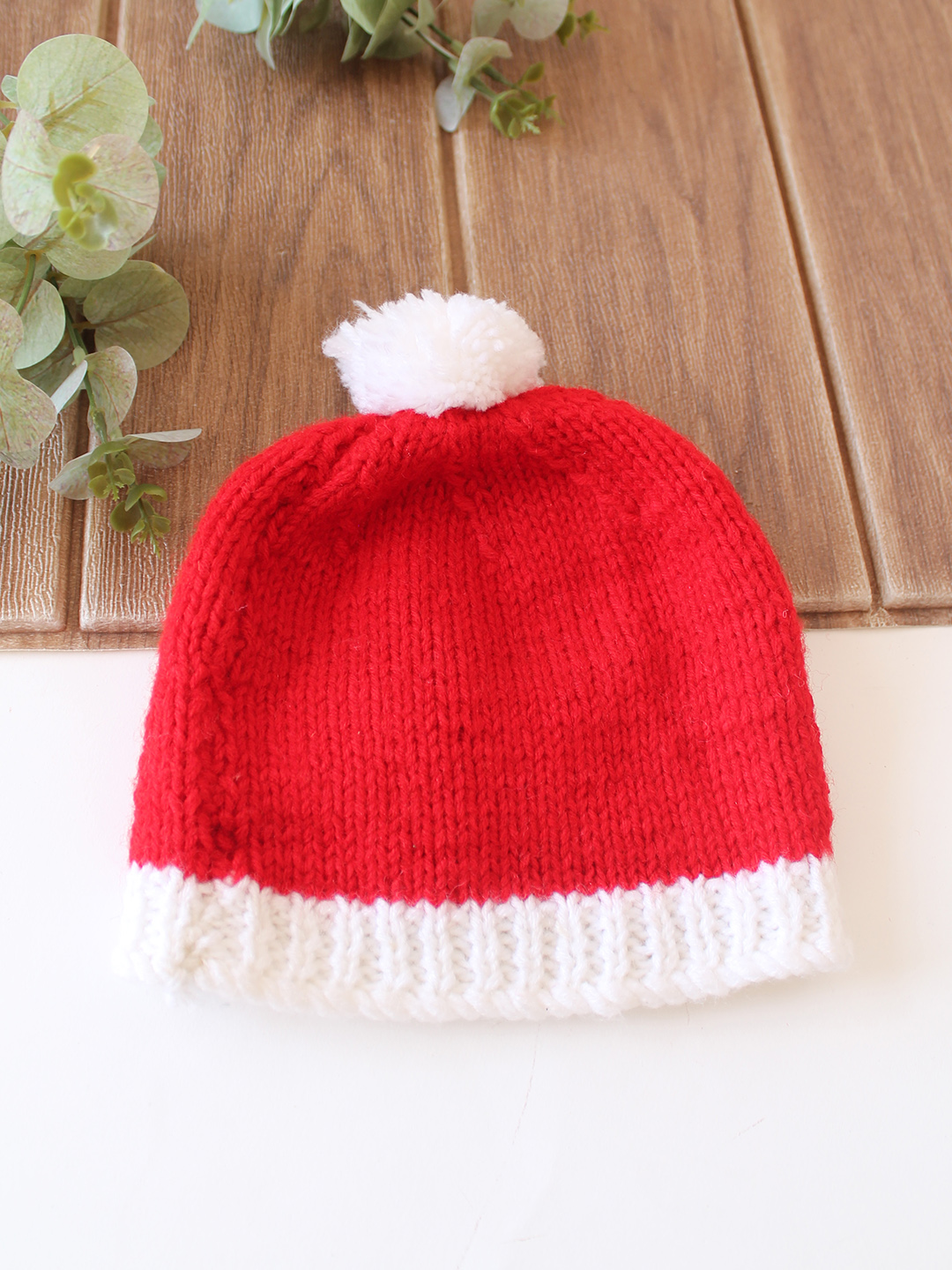 Woonie Handknitted Floral Applique with Pom Pom Designed Cap - Red
