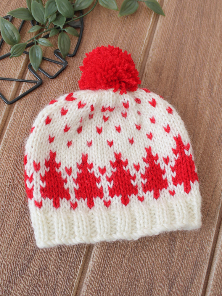 Image of Woonie Handknitted Tree Pattern with Pom Pom Detailed Cap - Cream