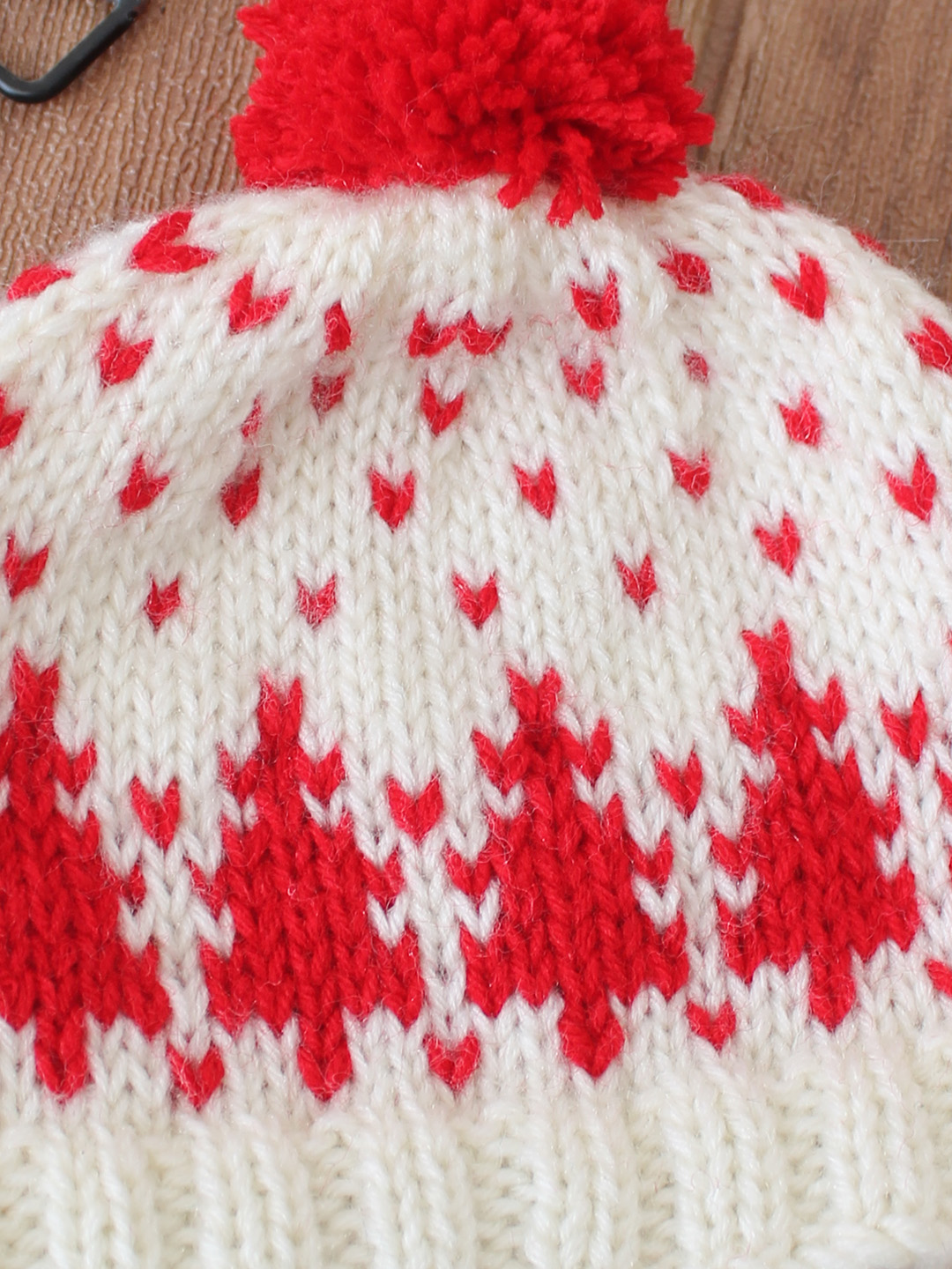 Woonie Handknitted Tree Pattern with Pom Pom Detailed Cap - Cream