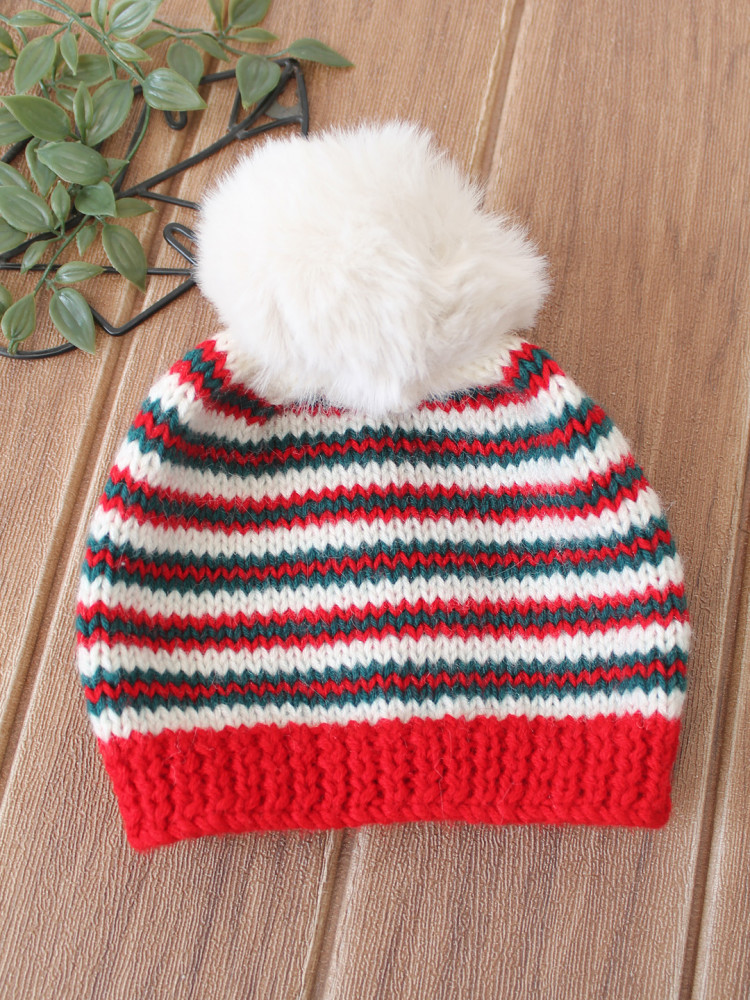 Image of Woonie Handknitted Striped with Pom Pom Detailed Cap - Multicolor