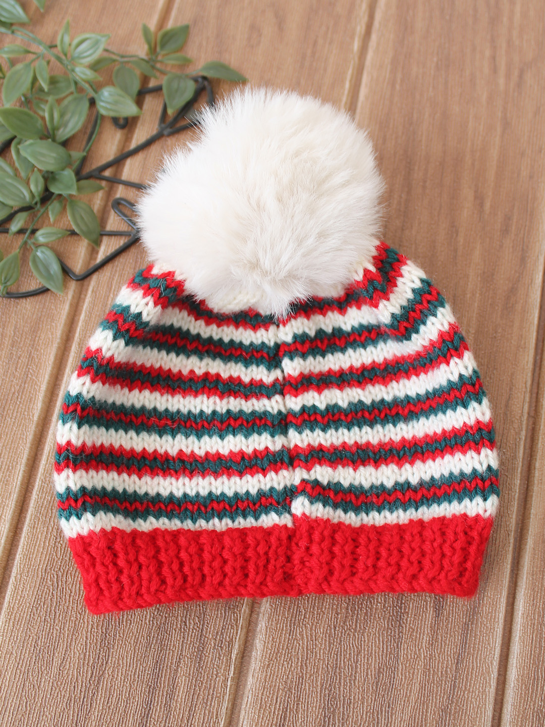 Woonie Handknitted Striped with Pom Pom Detailed Cap - Multicolor