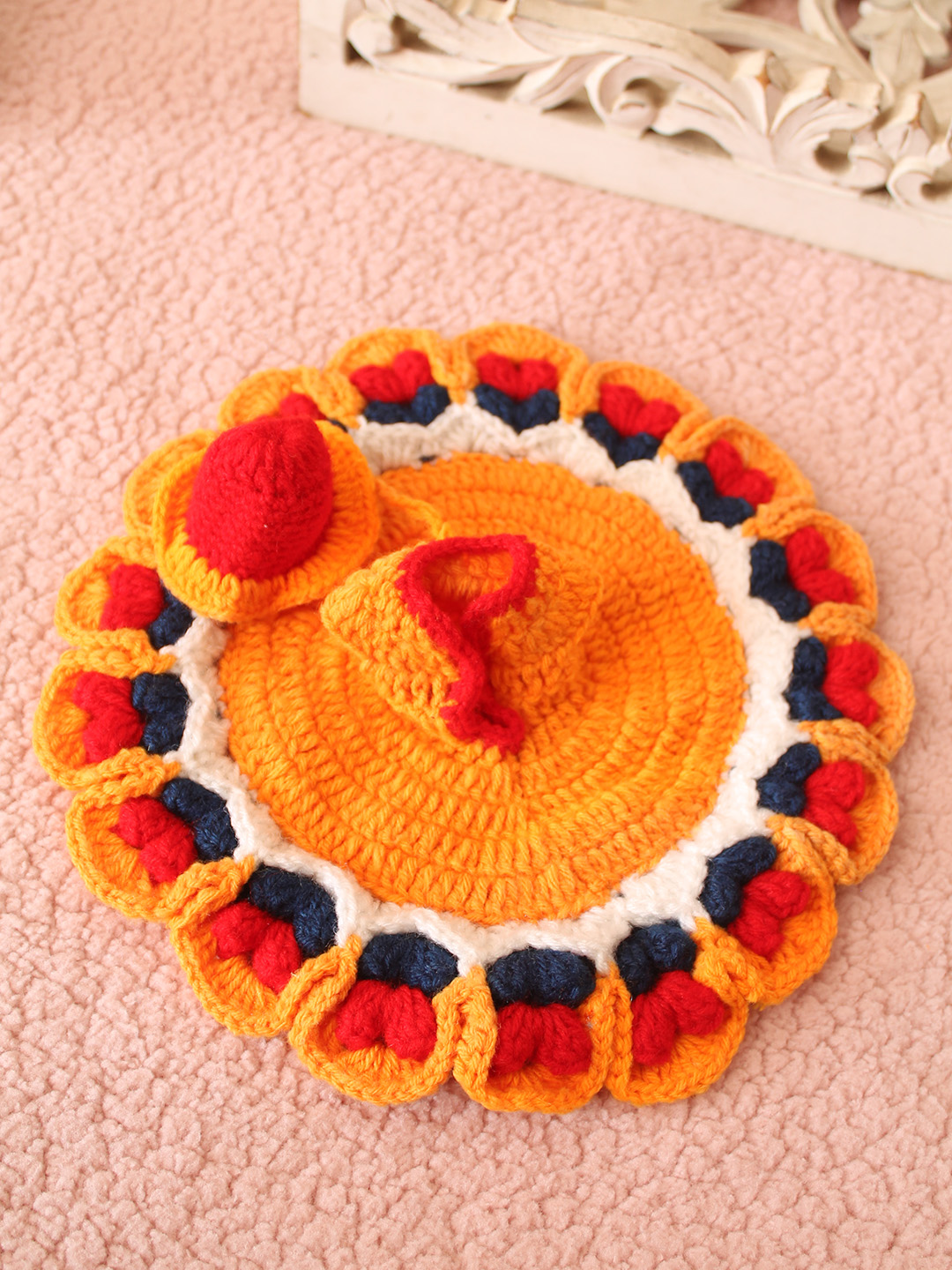 Crochet Handmade Designed for Laddu Gopal Idol Combo of a Total 2 Items 1 Poshak 1 Cap - Yellow