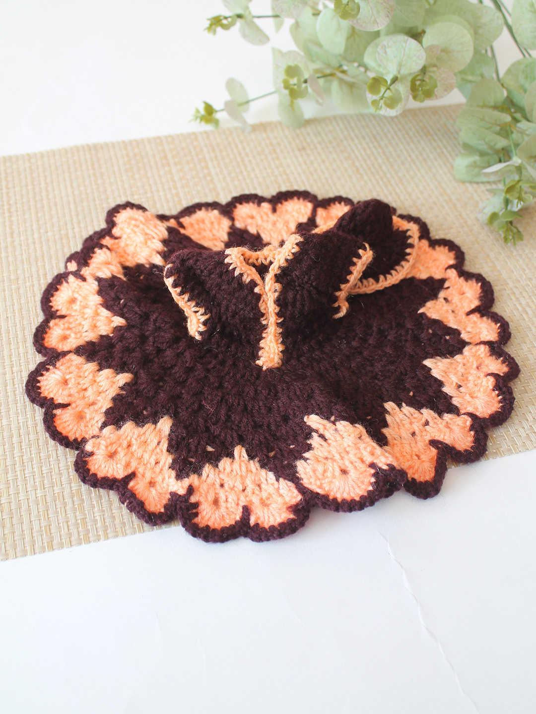 Crochet Handmade Designed for Laddu Gopal Idol Combo of a Total 2 Items 1 Poshak, 1 Cap  - Brown