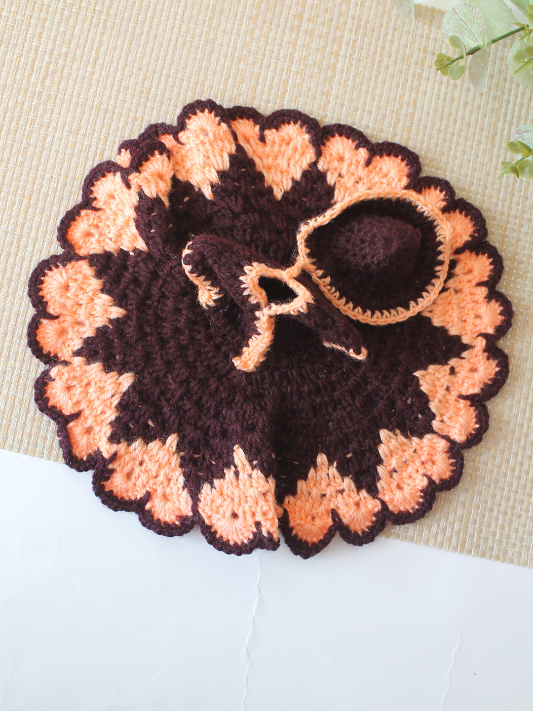 Crochet Handmade Designed for Laddu Gopal Idol Combo of a Total 2 Items 1 Poshak 1 Cap - Brown