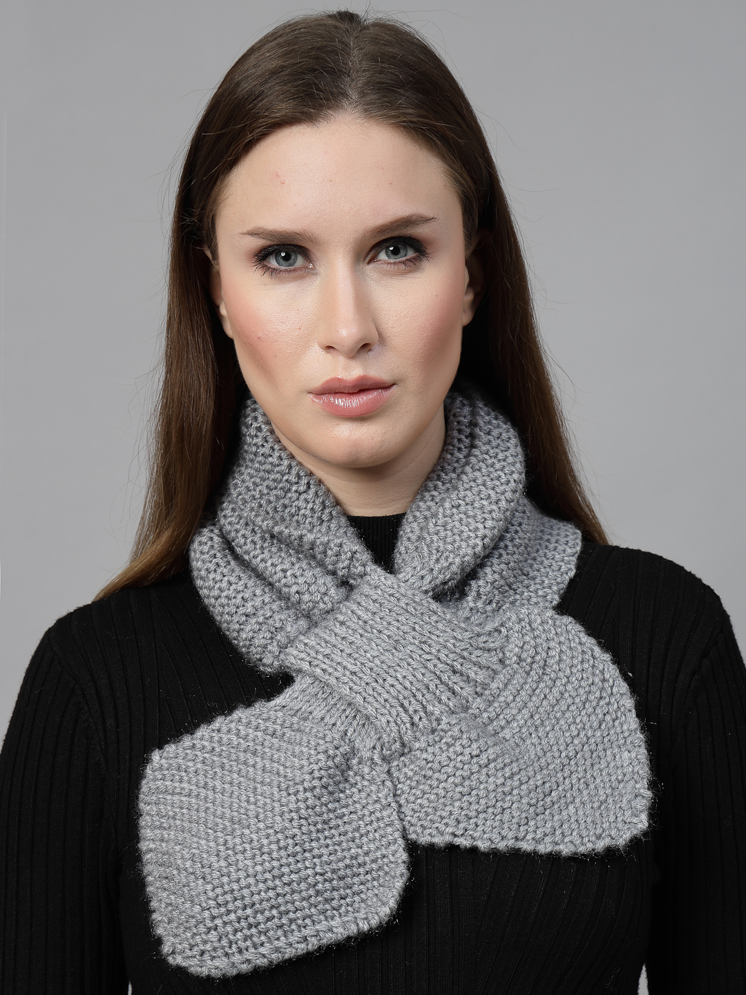 Knit Leaf Neck Scarf for Women Grey - Main Image