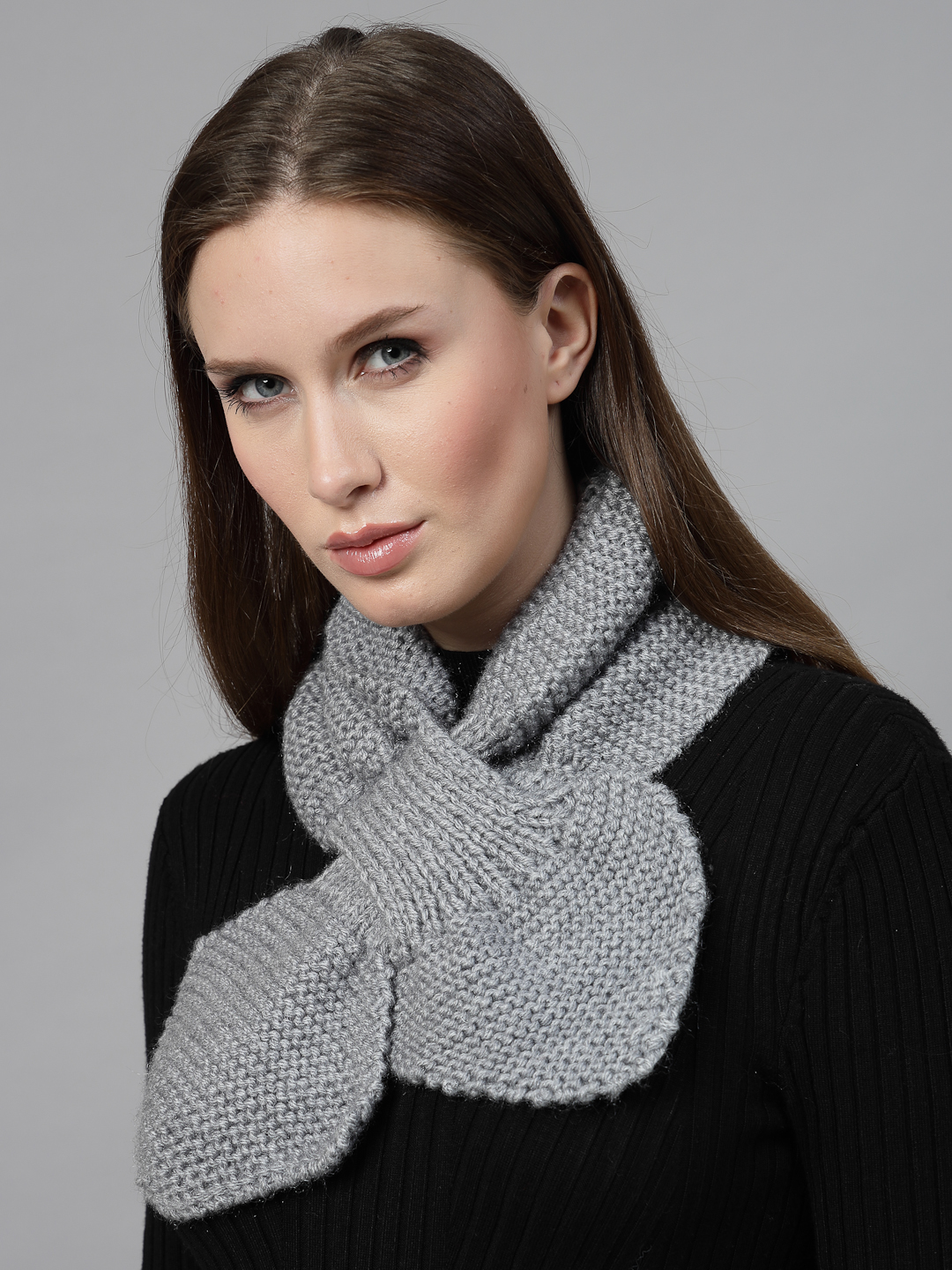 Knit Leaf Neck Scarf for Women Grey - Main Image