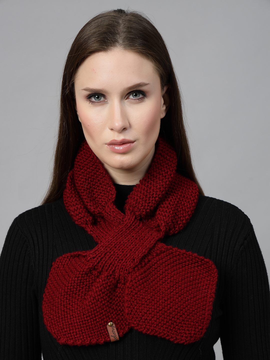 Knit Leaf Winter Neck Scarf for Women Maroon