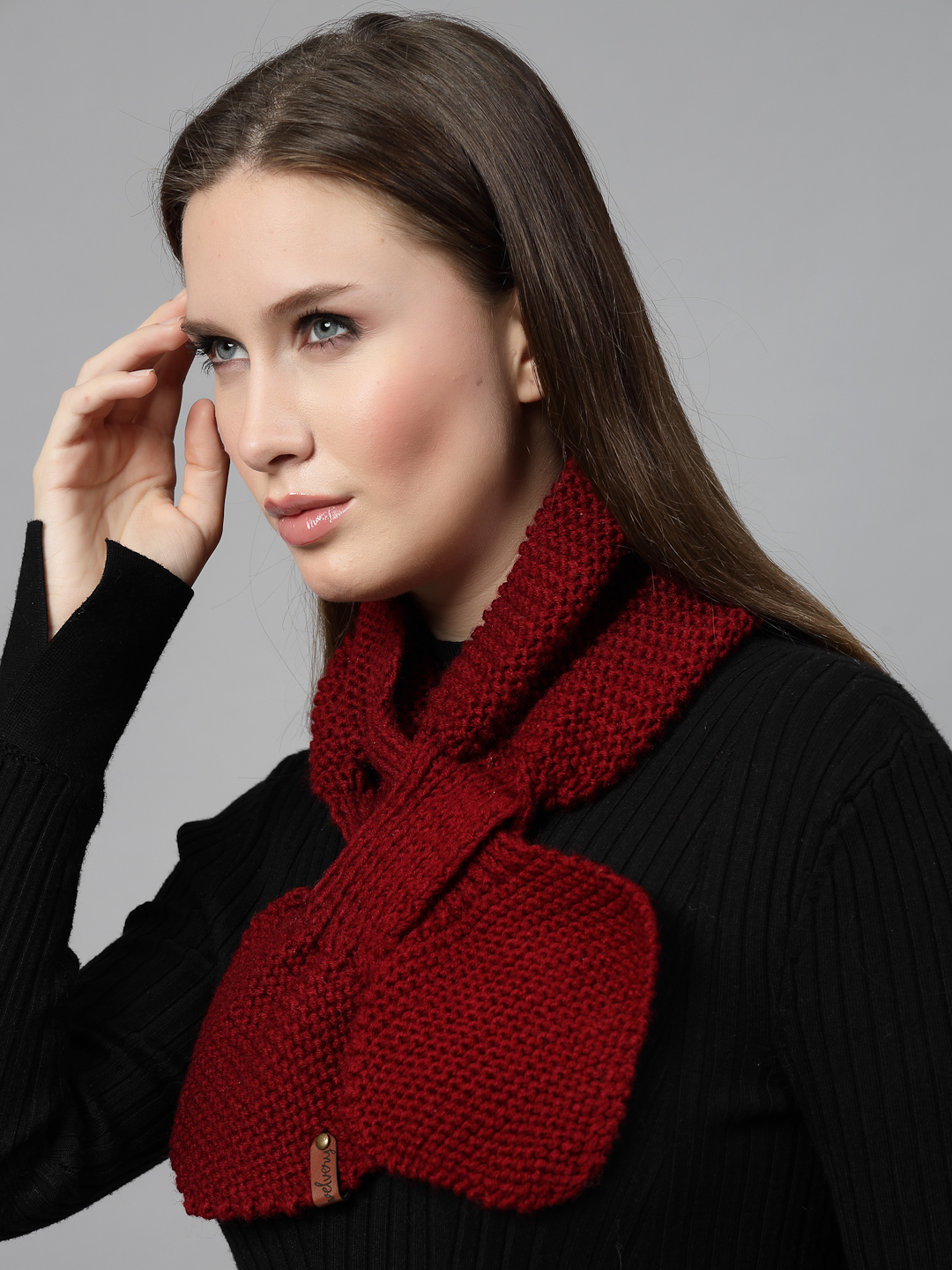 Knit Leaf Winter Neck Scarf for Women - Maroon
