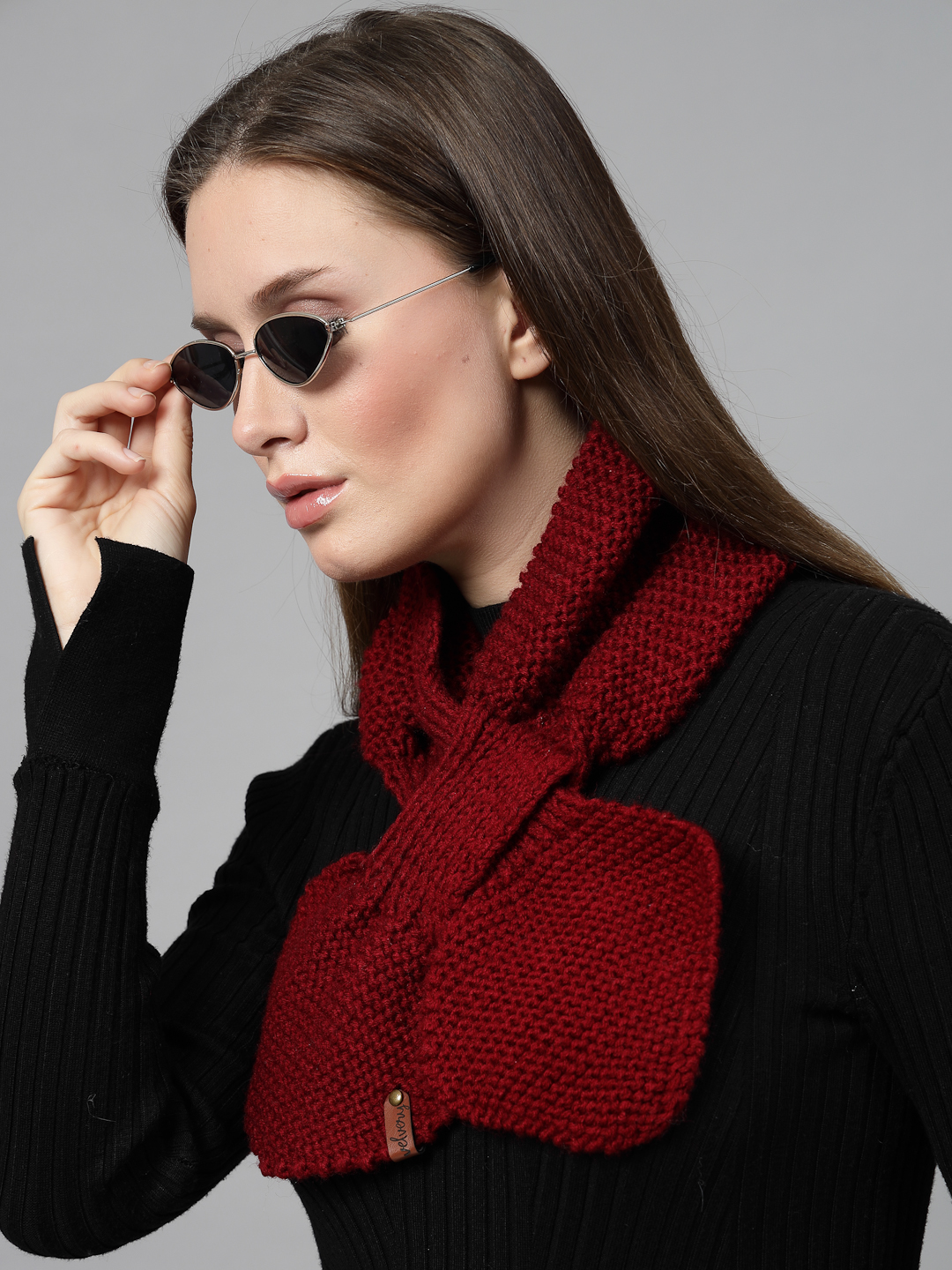 Knit Leaf Winter Neck Scarf for Women - Maroon