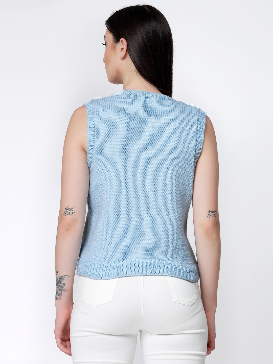 Handknitted Floral Embroidered Womens Sweater Vest - Sky Blue