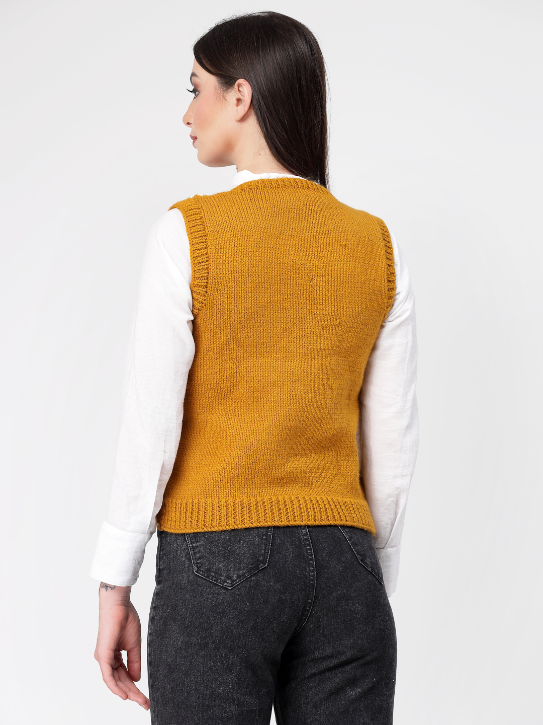 Women Handknitted Floral Embroidered Sweater Vest - Mustard
