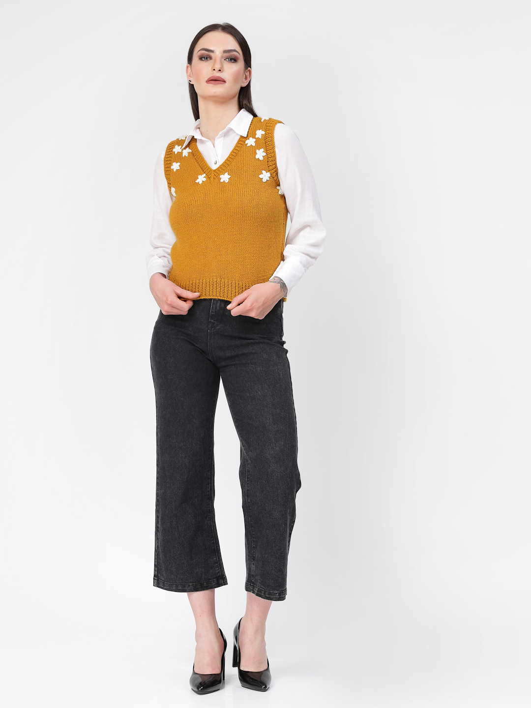 Women Handknitted Floral Embroidered Sweater Vest - Mustard