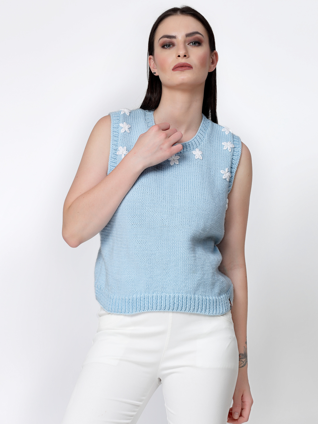 Handknitted Floral Embroidered Womens Sweater Vest - Sky Blue