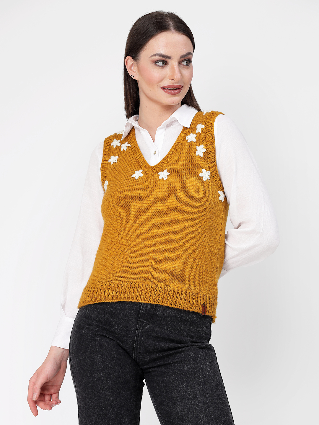 Women Handknitted Floral Embroidered Sweater Vest - Mustard