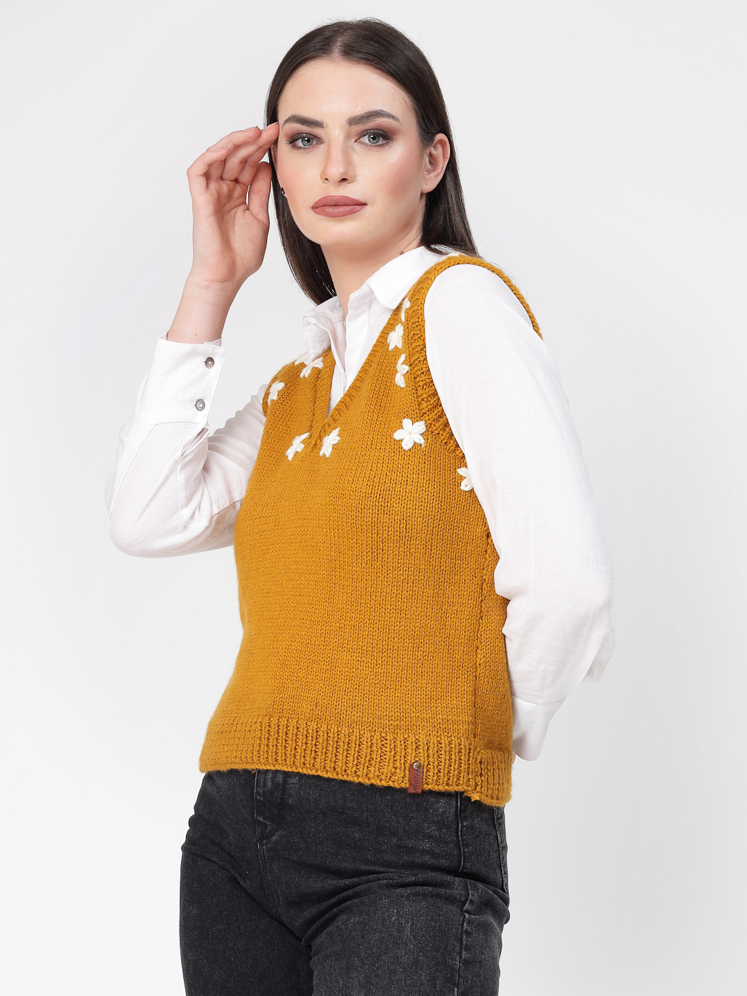 Women Handknitted Floral Embroidered Sweater Vest - Mustard