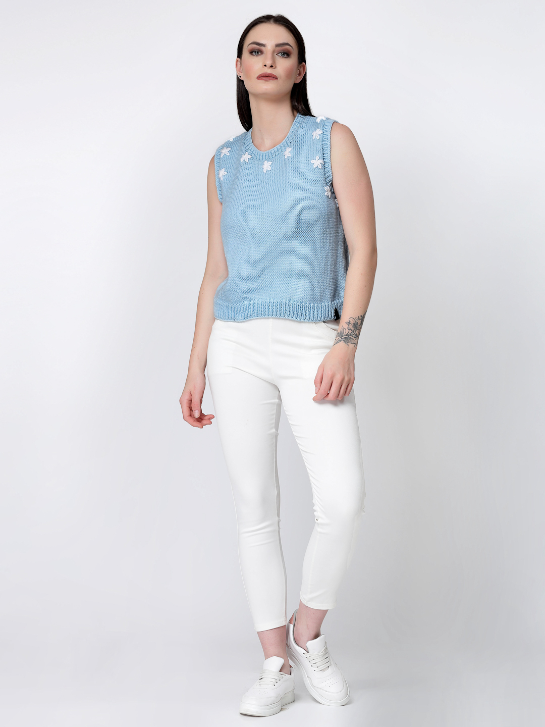Handknitted Floral Embroidered Womens Sweater Vest - Sky Blue