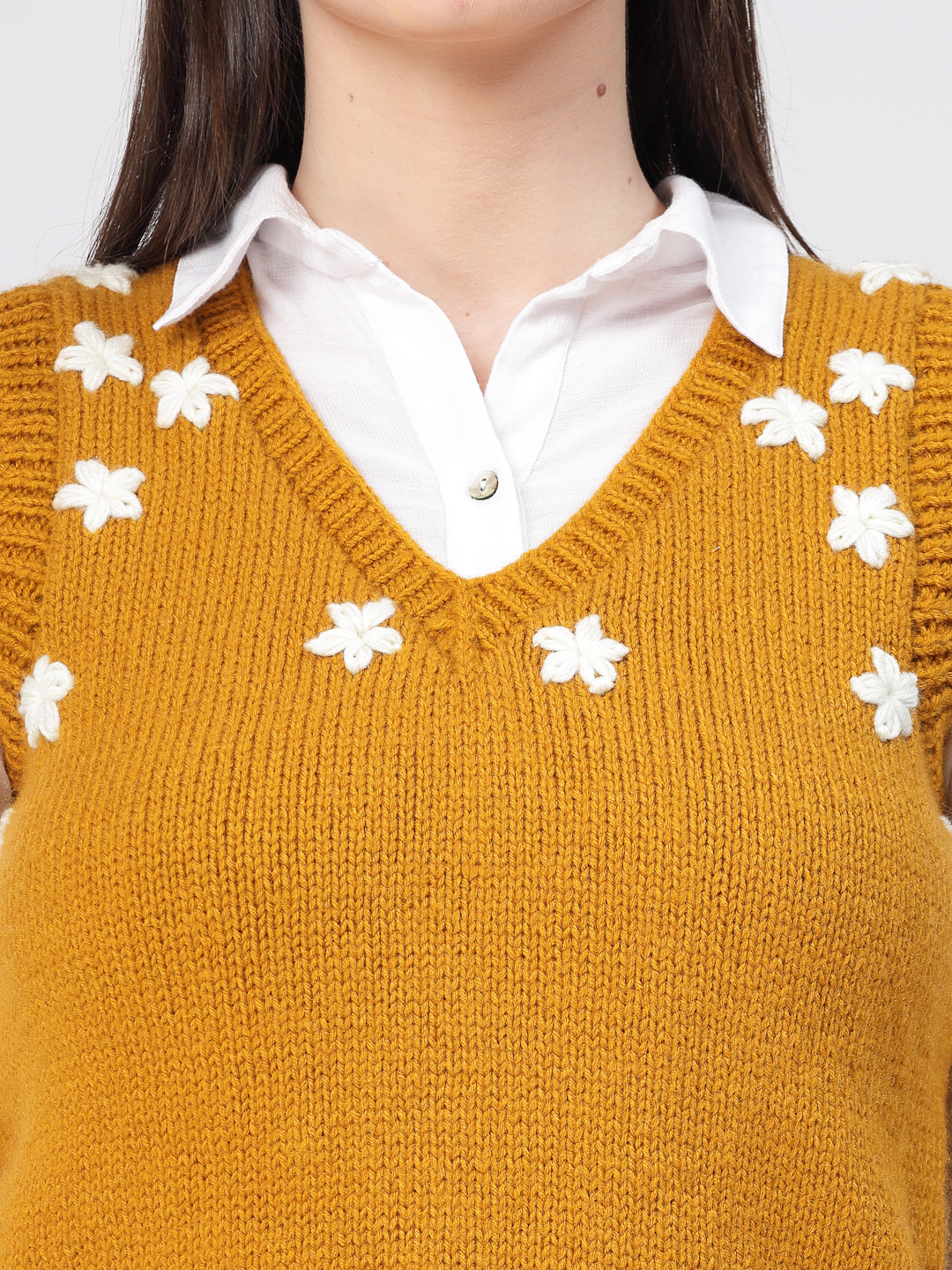 Women Handknitted Floral Embroidered Sweater Vest - Mustard