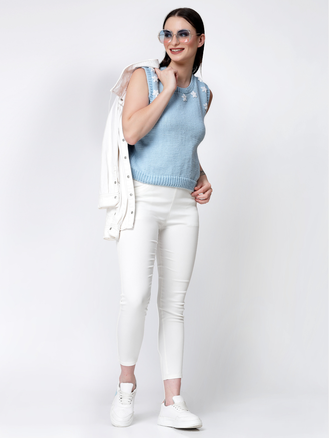 Handknitted Floral Embroidered Womens Sweater Vest - Sky Blue