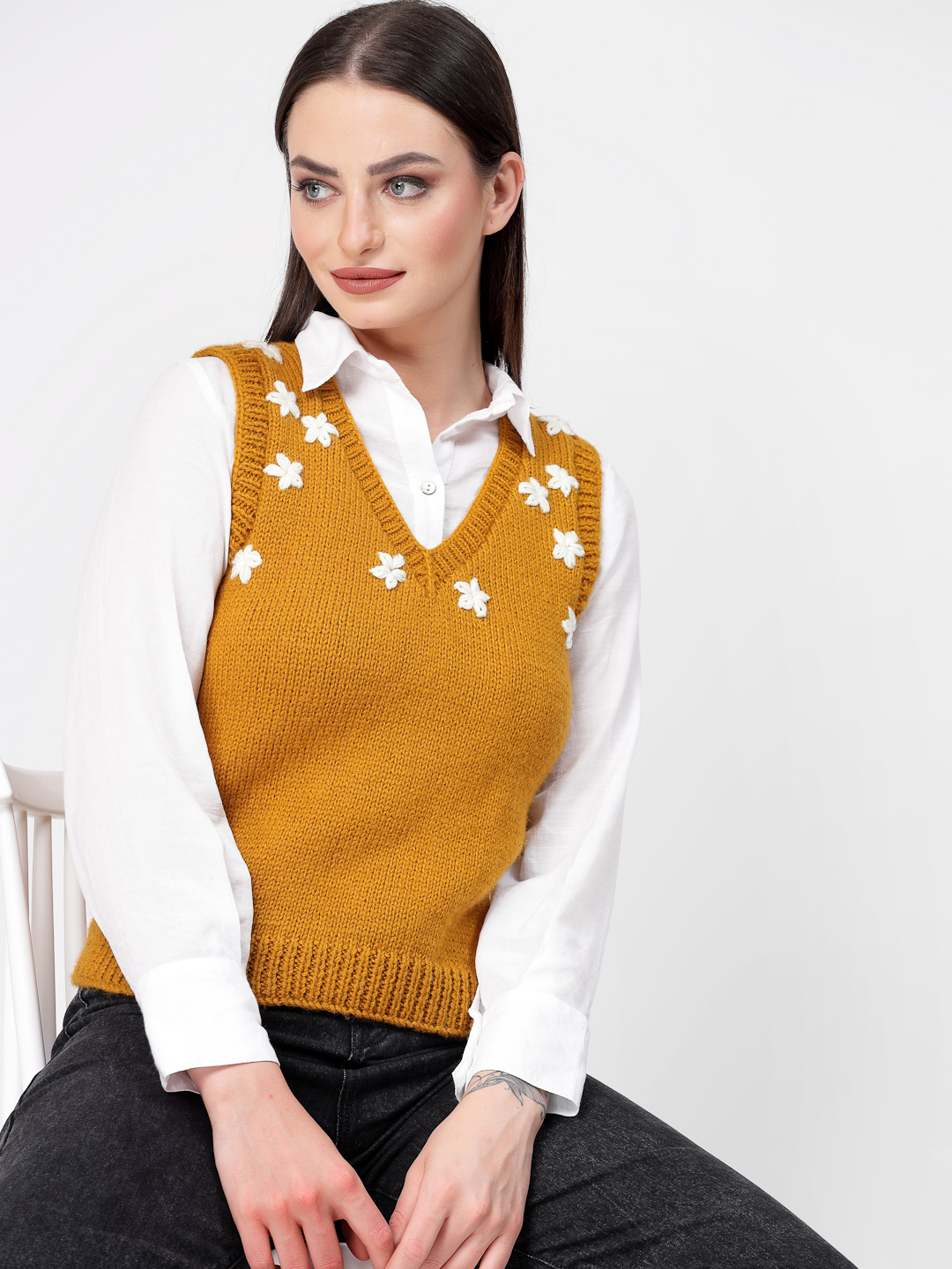 Women Handknitted Floral Embroidered Sweater Vest - Mustard