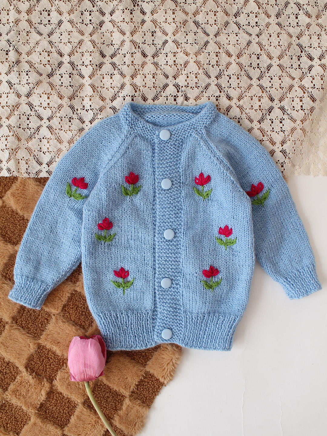 Woonie Handknitted Floral Embroidered Sweater - Sky Blue