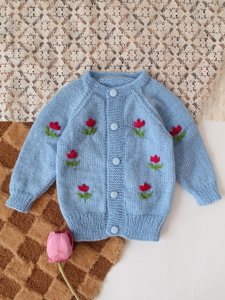 Image of Woonie Handknitted Floral Embroidered Sweater - Sky Blue