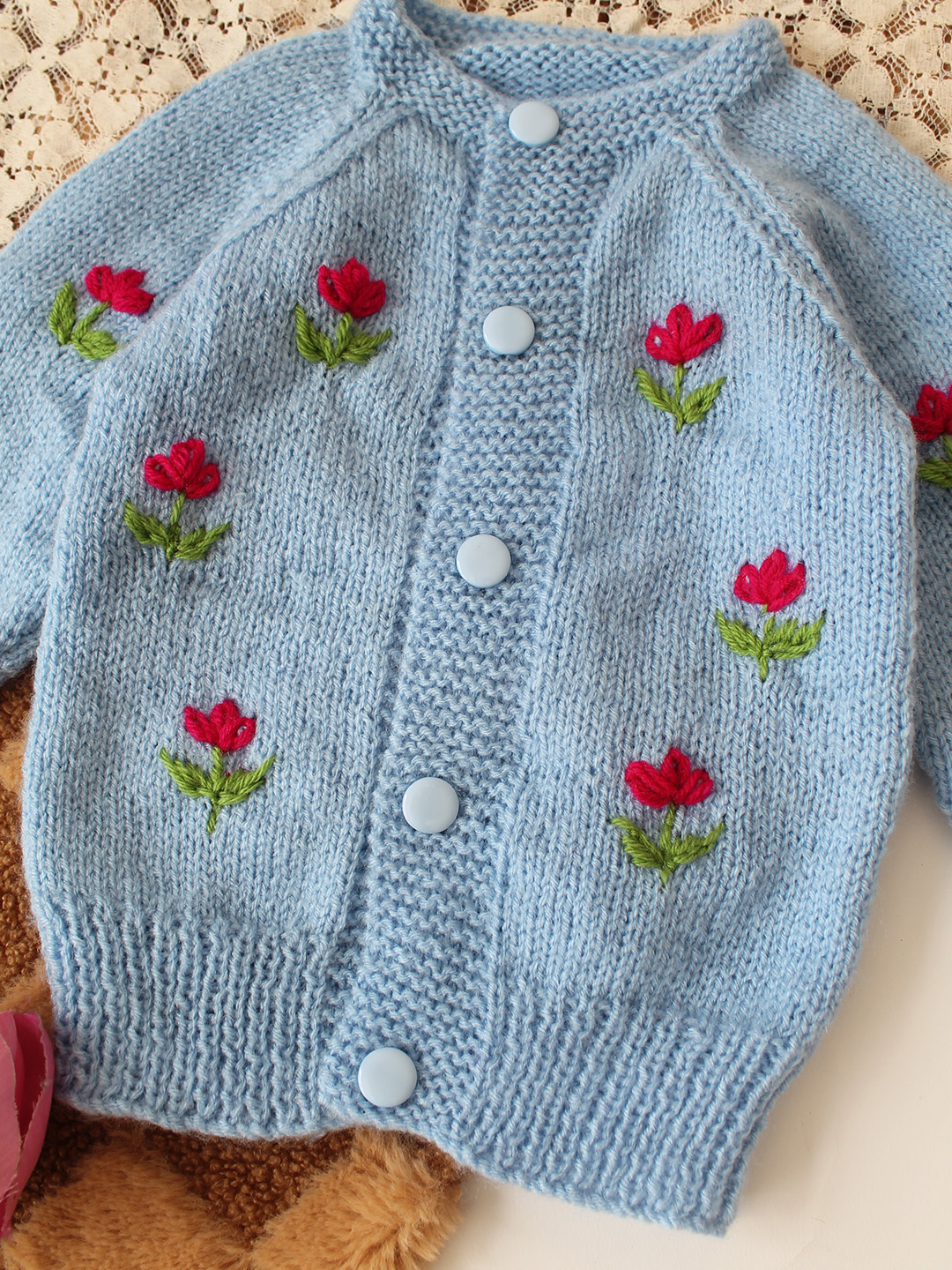 Woonie Handknitted Floral Embroidered Sweater - Sky Blue