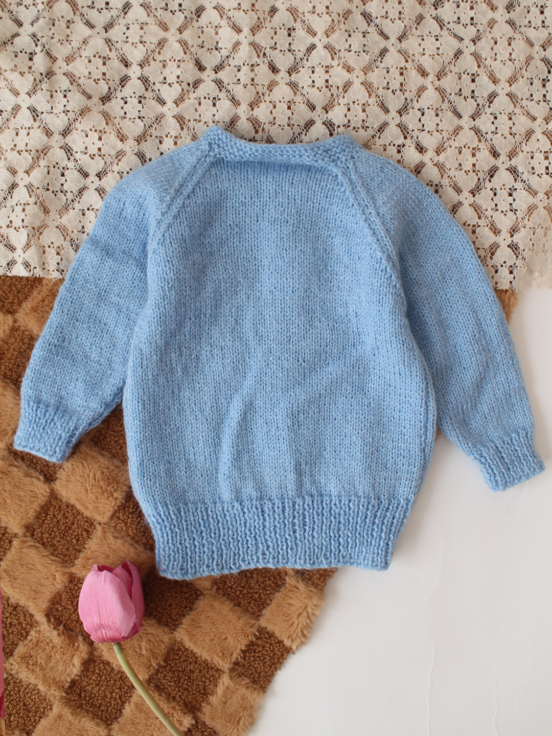Woonie Handknitted Floral Embroidered Sweater - Sky Blue