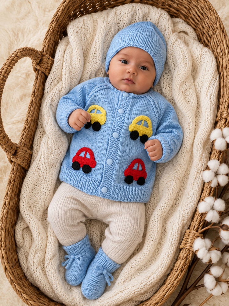 Image of Woonie Handknitted Full Sleeves Car Applique Detailed Cardigan with Cap &amp; Socks Set - Sky Blue