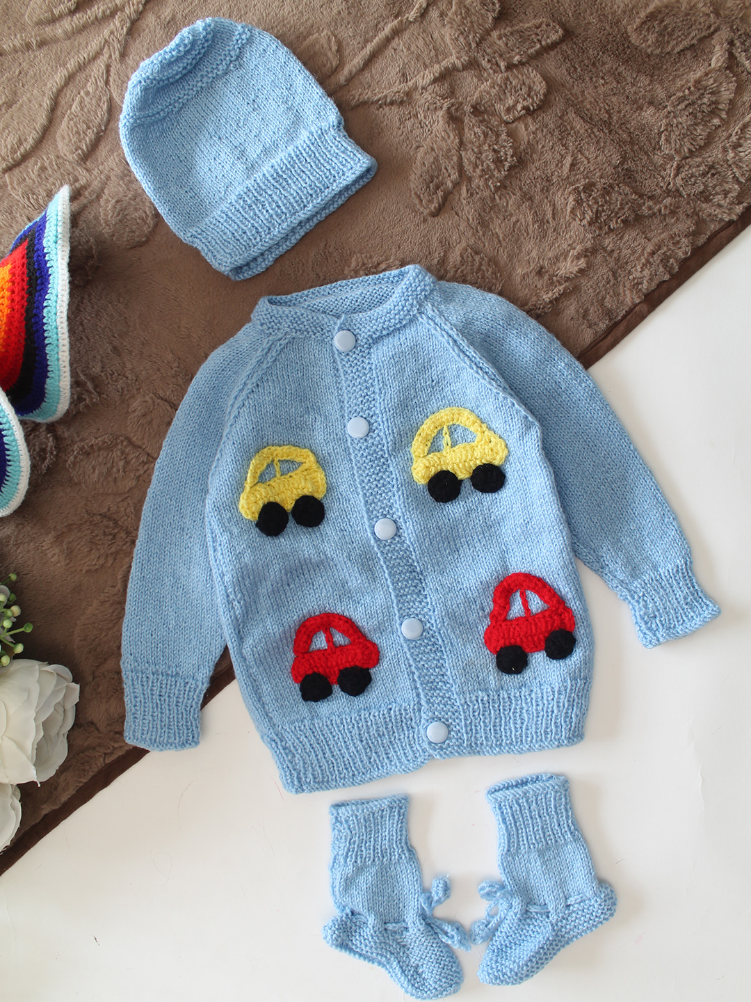 Woonie Handknitted Full Sleeves Car Applique Detailed Cardigan with Cap & Socks Set - Sky Blue