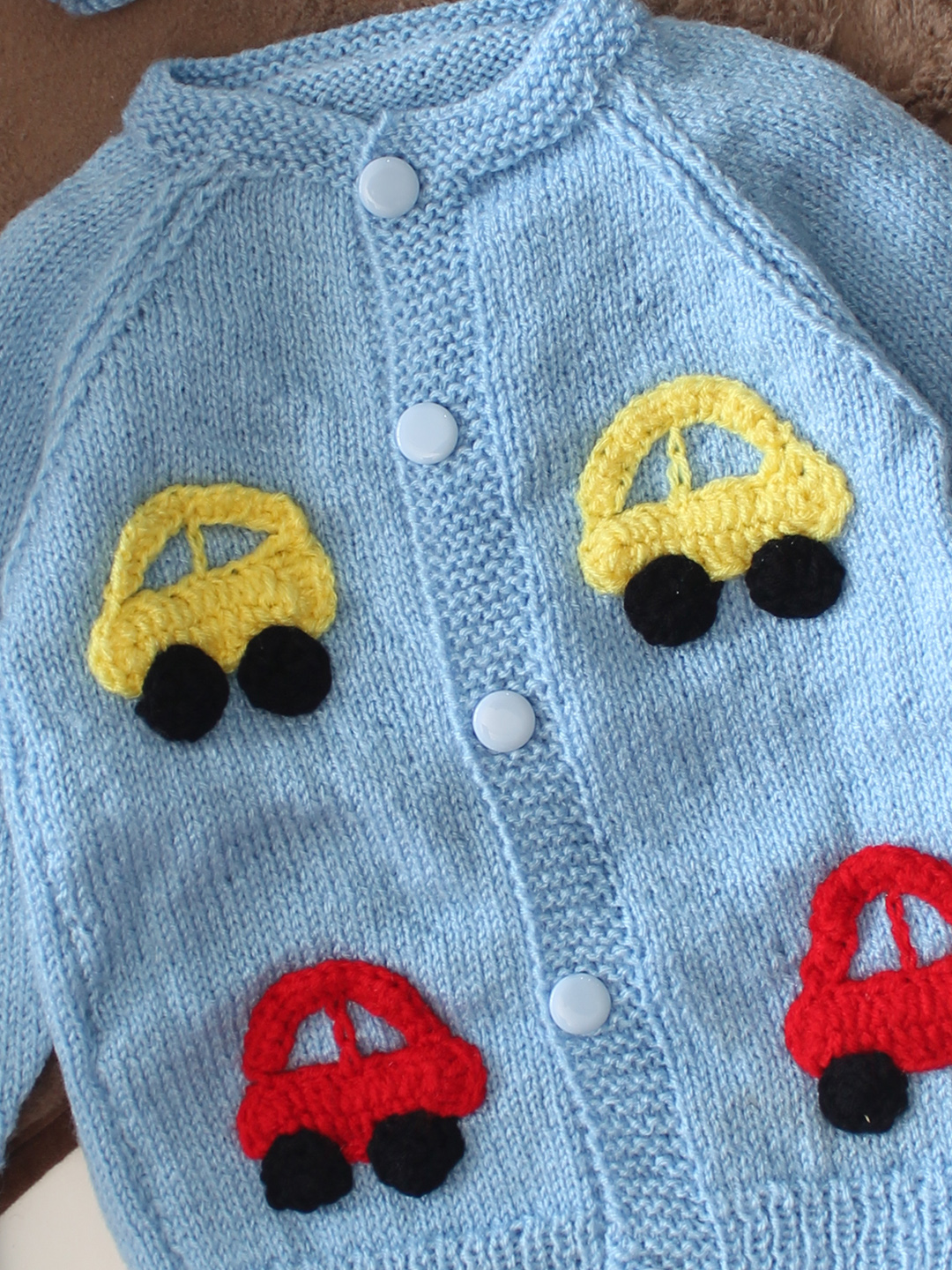 Woonie Handknitted Full Sleeves Car Applique Detailed Cardigan with Cap & Socks Set - Sky Blue