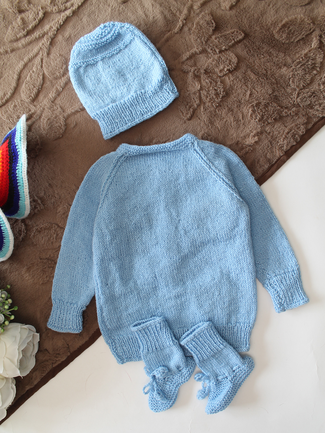 Woonie Handknitted Full Sleeves Car Applique Detailed Cardigan with Cap & Socks Set - Sky Blue