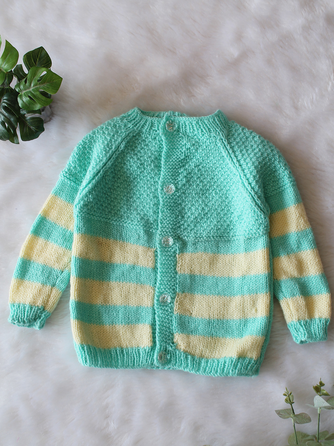 Woonie Handknitted Full Sleeves Striped Designed Cardigan - Green