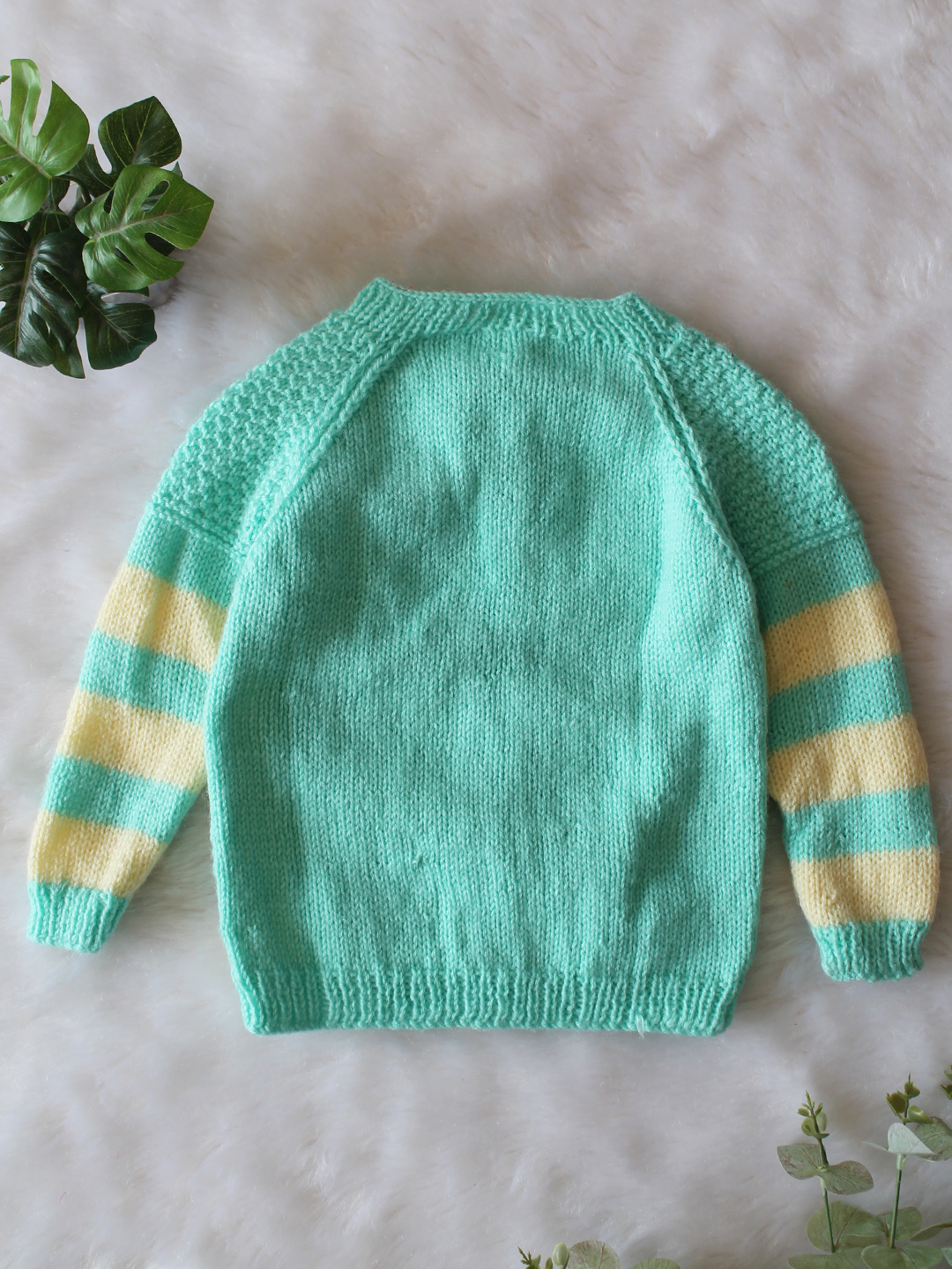 Woonie Handknitted Full Sleeves Striped Designed Cardigan - Green