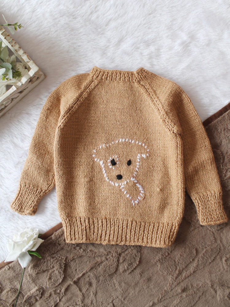 Image of Woonie Handknitted Full Sleeves Dog Embroidered Pullover - Beige