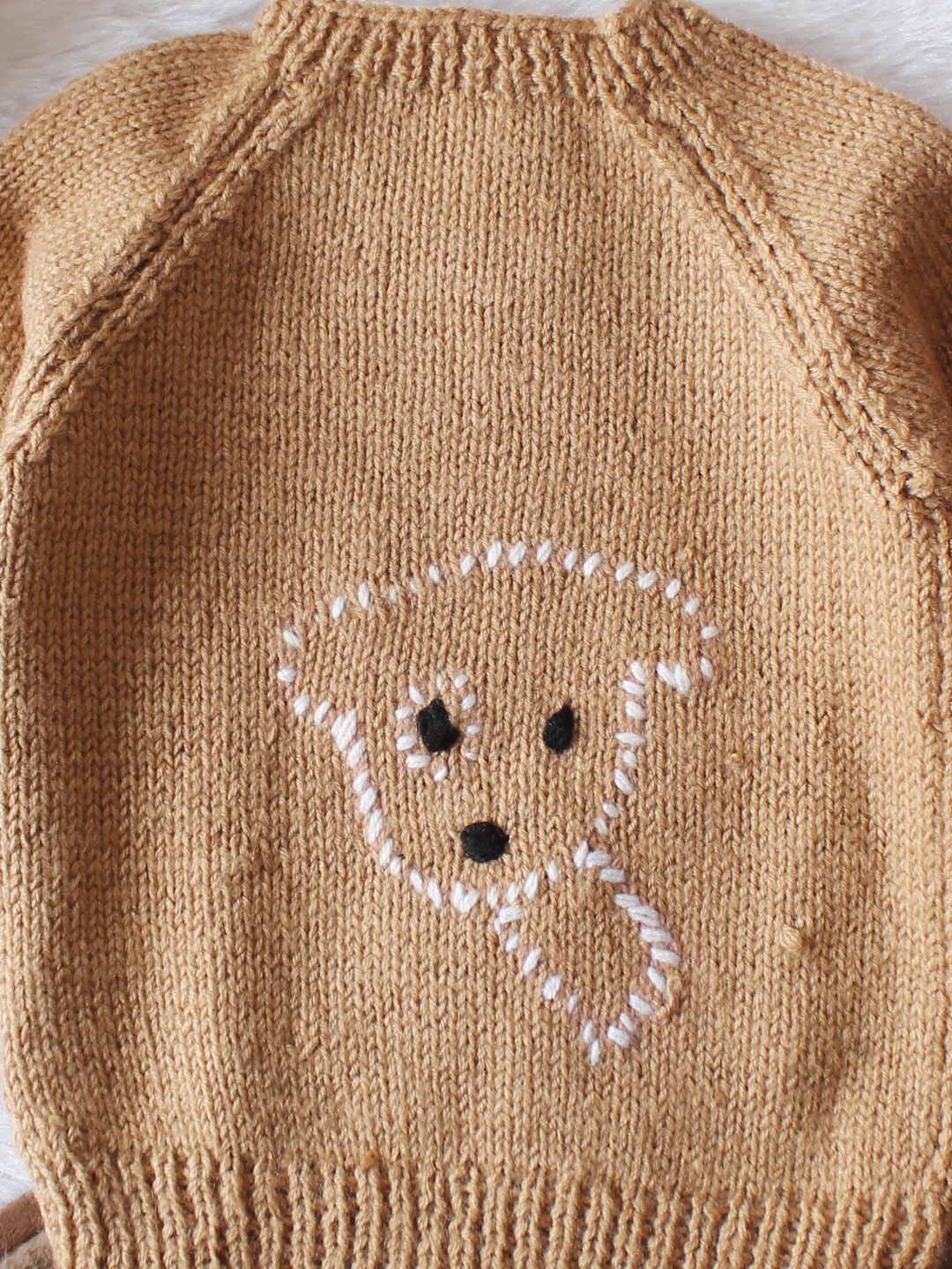 Woonie Handknitted Full Sleeves Dog Embroidered Pullover - Beige