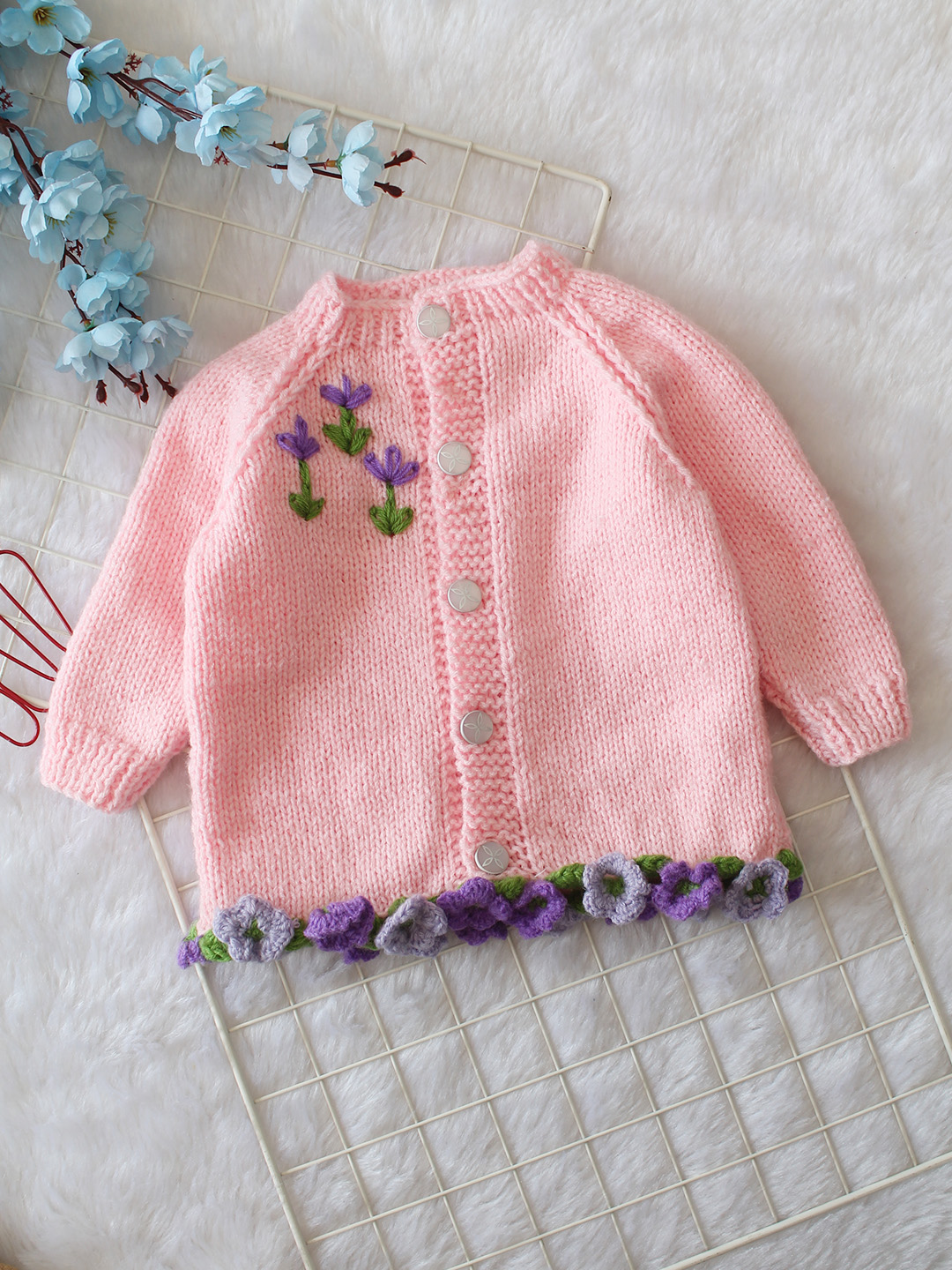 Woonie Handknitted Full Sleeves Floral Embroidered Cardigan - Pink