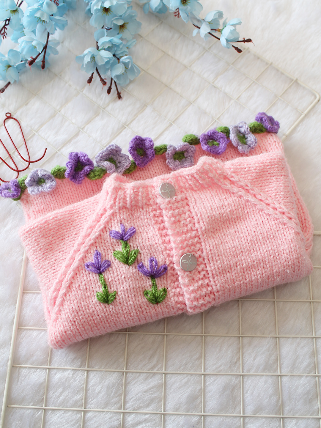 Woonie Handknitted Full Sleeves Floral Embroidered Cardigan - Pink