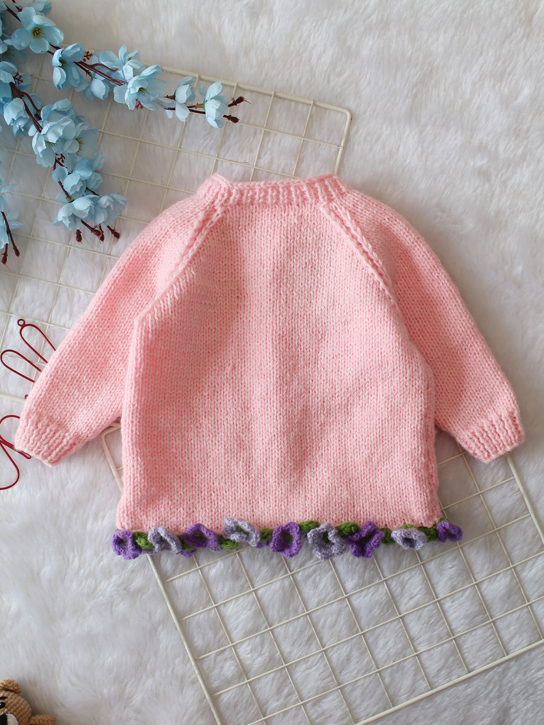 Woonie Handknitted Full Sleeves Floral Embroidered Cardigan - Pink