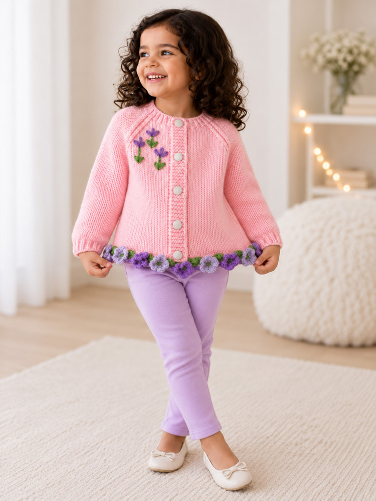 Image of Woonie Handknitted Full Sleeves Floral Embroidered Cardigan - Pink