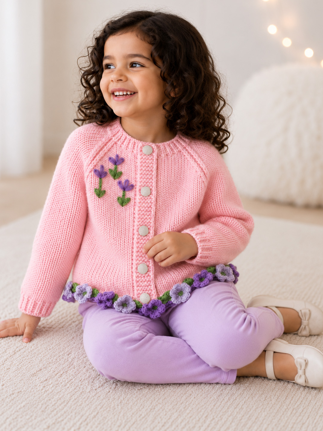 Woonie Handknitted Full Sleeves Floral Embroidered Cardigan - Pink